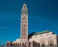 low angle view of Hassan II mosque against sky - travel destination - famous landmark Royalty Free Stock Photo