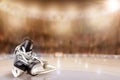 Ice Hockey Skates in Arena Rink With Copy Space