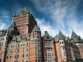 Low angle view of a hotel, Chateau Frontenac Hotel, Quebec City, Quebec, Canada Royalty Free Stock Photo