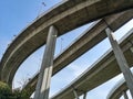 Low angle view of huge and stately bridge with strong pillar with blue sky in the background, urban and futuristic concept Royalty Free Stock Photo