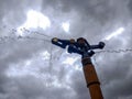 Low angle view of a irrigation water sprinkler Royalty Free Stock Photo