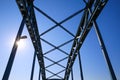 Low angle view on isolated symmetrical industrial steel bridge deck against blue sky with cross struts and metal beams, sun burst