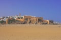 Low Angle view Kasbah of the Udayas in Rabat Morocco, Beach and buildings on Cliff