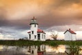 Low angle view of lighthouses in the Vashon island under a cloudy sky during sunset in the US Royalty Free Stock Photo