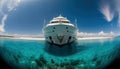 Low angle view on luxury yacht from the paradise turquoise ocean water surface. Sunny day in tropic sea. Generative AI