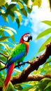 Low angle view of macaw perching on tree against sky, ai generated Royalty Free Stock Photo