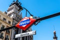 Low angle view of Madrid Metro sign, Sevilla station