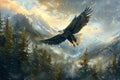 Low-angle view of a majestic eagle gliding above a serene forest