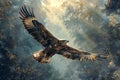 Low-angle view of a majestic eagle gliding above a serene forest