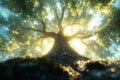Ascending Giant: A Low-Angle Perspective of a Massive Tree with Green Leaves and Sunlight Streaming Through. Royalty Free Stock Photo