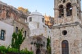 Low Angle View of a Medieval Byzantine Church and Stone Ãâelfry Tower in Monemvasia Island, Peloponnese, Greece Royalty Free Stock Photo