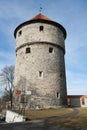 Low angle view of medieval tower, Tallinn, Estonia, Europe