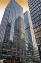 Low angle view of modern glass skyscrapers.