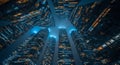 Low Angle View of Modern Skyscrapers at Night with Blue and Orange Lights architecture building Royalty Free Stock Photo