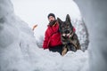 Low angle view of mountain rescue service man with dog on operation outdoors in winter in forest, digging snow. Royalty Free Stock Photo