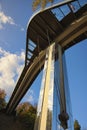 Low angle view of New Pedestrian Bridge (also called Klitschko Bridge) against blue sky. Bridge with glass floor
