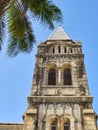 Low angle view of the one front tower of the Roman St. Joseph's Catholic Cathedral in Stone Town, Zanzibar.