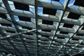 Low angle view of overhang glass ceiling. Modern design