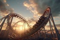 Low angle view of people riding roller coaster at sunset Royalty Free Stock Photo