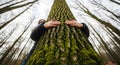 Low Angle View - Person Hugging Massive Oak Tree Trunk Royalty Free Stock Photo