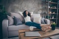 Low angle view portrait of her she nice attractive slim fit thin slender cheerful cheery dreamy wavy-haired girl sitting