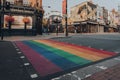 Low angle view rainbow pedestrian crossing on High Street in Camden Town, London, UK