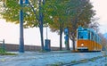 The low angle view of riding vintage tram, Budapest, Hungary