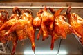 low angle view roasted gooses & roasted chicken