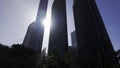 A low angle view of the skyscrapers in the centre of Dubai. Action. Concept of modern architecture. Royalty Free Stock Photo