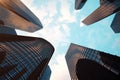 Low angle view of skyscrapers. Skyscrapers at sunset looking up perspective. Bottom view of modern skyscrapers in Royalty Free Stock Photo