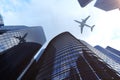 Low angle view of skyscrapers. Skyscrapers at sunset looking up perspective. Bottom view of modern skyscrapers in Royalty Free Stock Photo