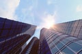 Low angle view of skyscrapers. Skyscrapers at sunset looking up perspective. Bottom view of modern skyscrapers in Royalty Free Stock Photo