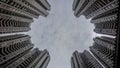 Low angle view of skyscrapers. Skyscrapers at sunset looking up perspective. Royalty Free Stock Photo