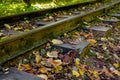 Low angle view of small railway tracks in mountain region with shallow depth of field Royalty Free Stock Photo