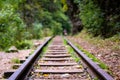 Low angle view of small railway tracks in mountain region with shallow depth of field Royalty Free Stock Photo