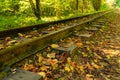 Low angle view of small railway tracks in mountain region with shallow depth of field Royalty Free Stock Photo