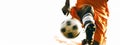 Low angle view of soccer player in blurred motion. White background. Royalty Free Stock Photo