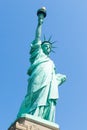 Low angle view of statue of liberty with blue sky during sunny day in summer. Royalty Free Stock Photo