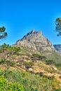 Low angle view of Table Mountain in South Africa against a blue sky with copy space. Scenic nature landscape of a remote