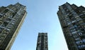 Low angle view of tall three brutalist buildings in Belgrade, Serbia