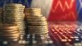 Low angle view of top of a stack of plain gold coins, representing the financial data of the country. Royalty Free Stock Photo