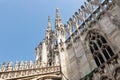 Low angle view of the towers and facade of the Cathedral of Milan, Italy