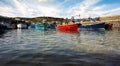 Low angle view of traditional Cornish fishing boats moored in harbour Royalty Free Stock Photo
