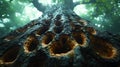 A low angle view of a tree trunk with many holes, in a forest Royalty Free Stock Photo
