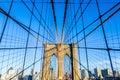 Low angle view of the web of cables of Brooklyn bridge, New York, USA Royalty Free Stock Photo