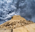 Low angle view of the western side of the limestone sculptures of pioneer navigators at the Monument to the Discoveries in Lisbon