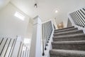 Low angle view of a white newel posts of a carpeted staircase