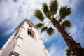 low angle view of whitewashed spanish revival church tower