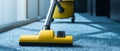 Low-angle view of yellow industrial vacuum cleaning blue office carpet Royalty Free Stock Photo