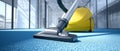 Low-angle view of yellow industrial vacuum cleaning blue office carpet Royalty Free Stock Photo